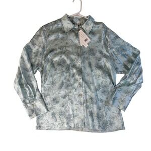 Vince Silk Blend Floral Button Down Shirt Mint Blue Womens M NWT